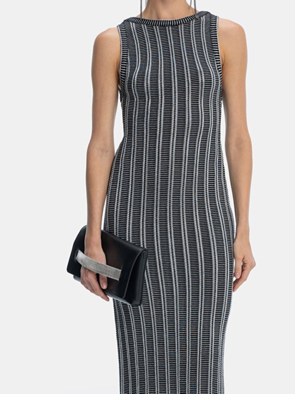 Antonino Valenti x Vakko Metallic Vertical Stripe Ribbed Knit Midi Dress Italy